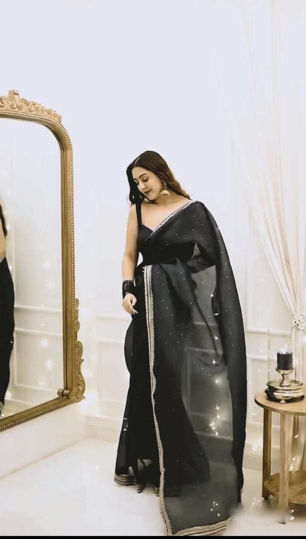 New One Minute Ready To Wear Pure Soft Organza Silk Black Saree With Beautiful Diamond Work All Over The Saree Handwork With Same Colour Stiched Blouse