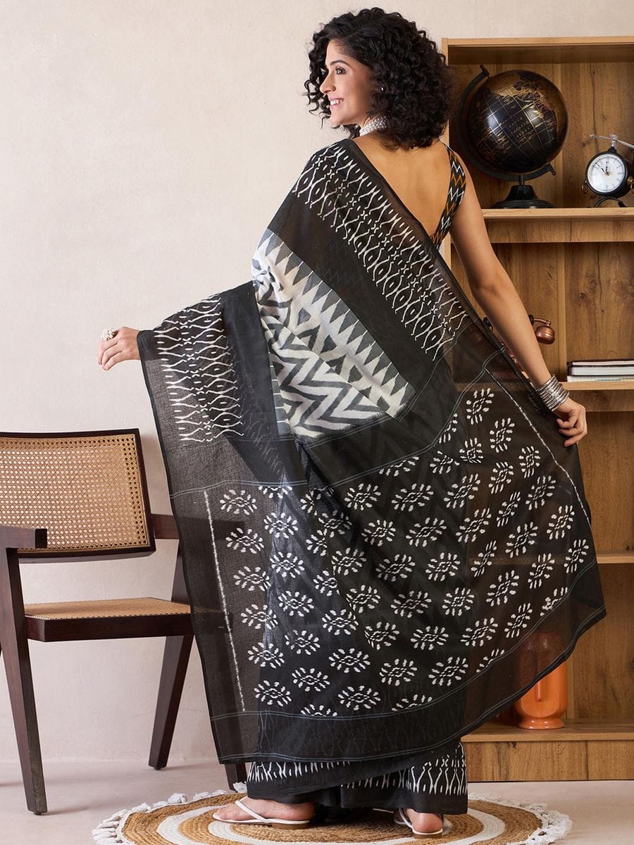 New One Minute Ready To Wear  Pure Soft Mul Cotton Silk zigzag Design Black Saree With Pocket Along With Same Model Digital printed Unstiched Blouse Piece