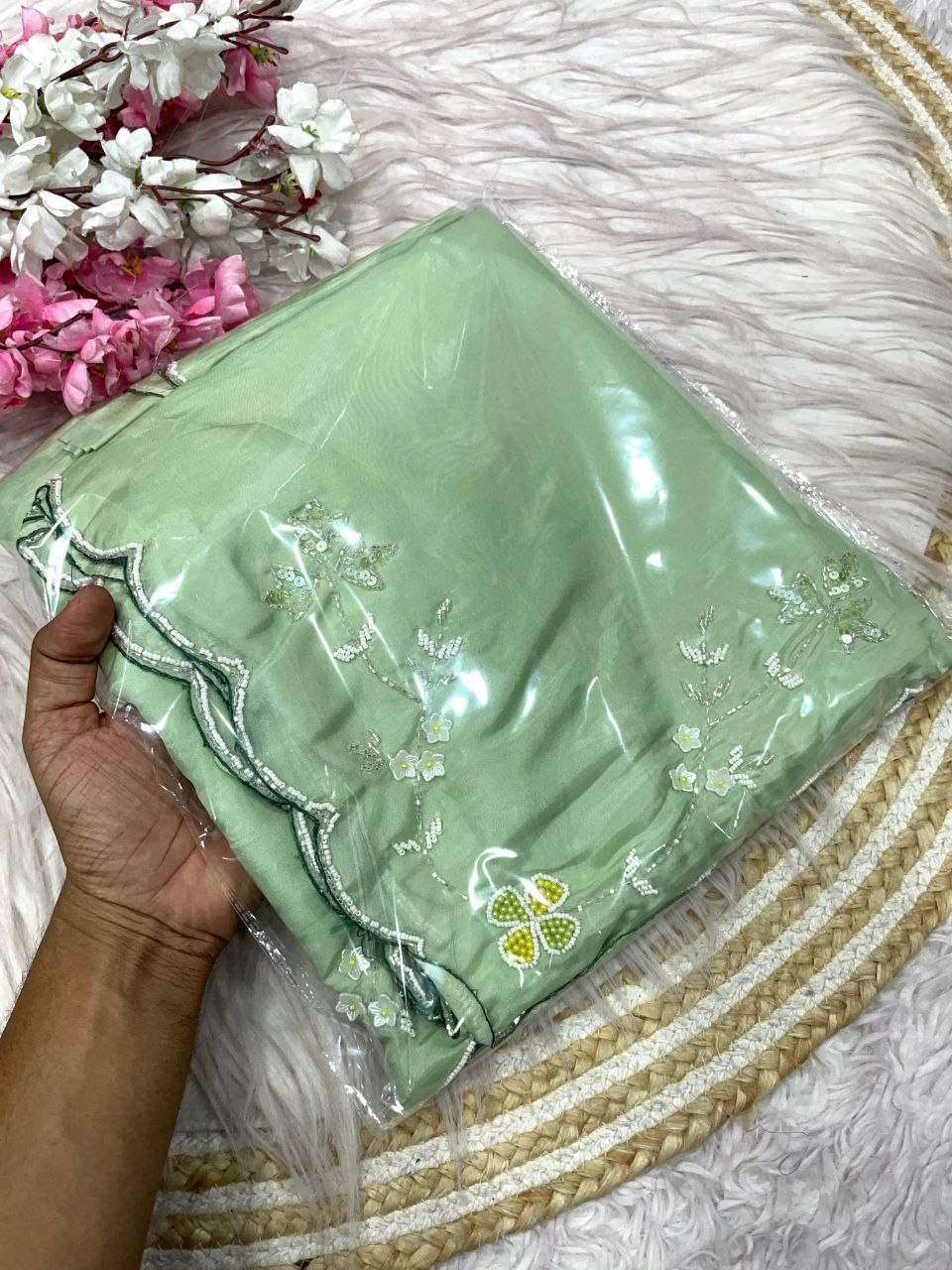 New Designer HO Silk Saree With Arco Border Cutdana Hand Work - Green