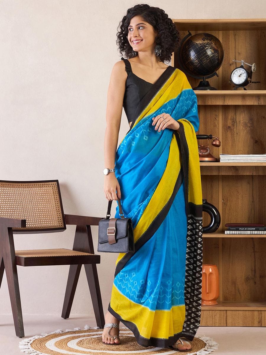 New One Minute Ready To Wear Pure Soft Mul Cotton Silk Sky Blue Saree With  Pocket Along With Same Model Unstiched Blouse Piece