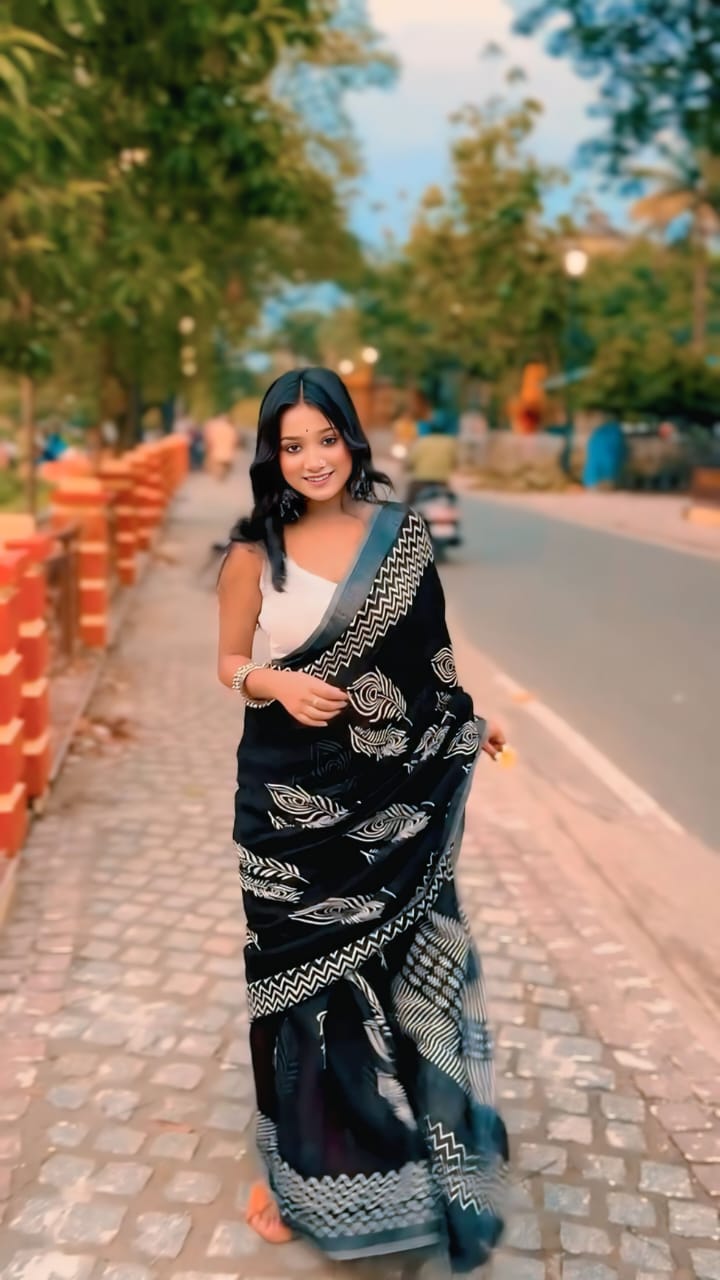 New One Minute Ready To Wear  Pure Soft Linen Silk Digital Printed Black Saree With Same Model Unstiched Blouse