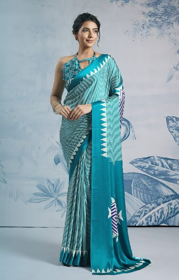 New One Minute Ready To Wear Digital Printed Crape Silk Teal Blue Saree