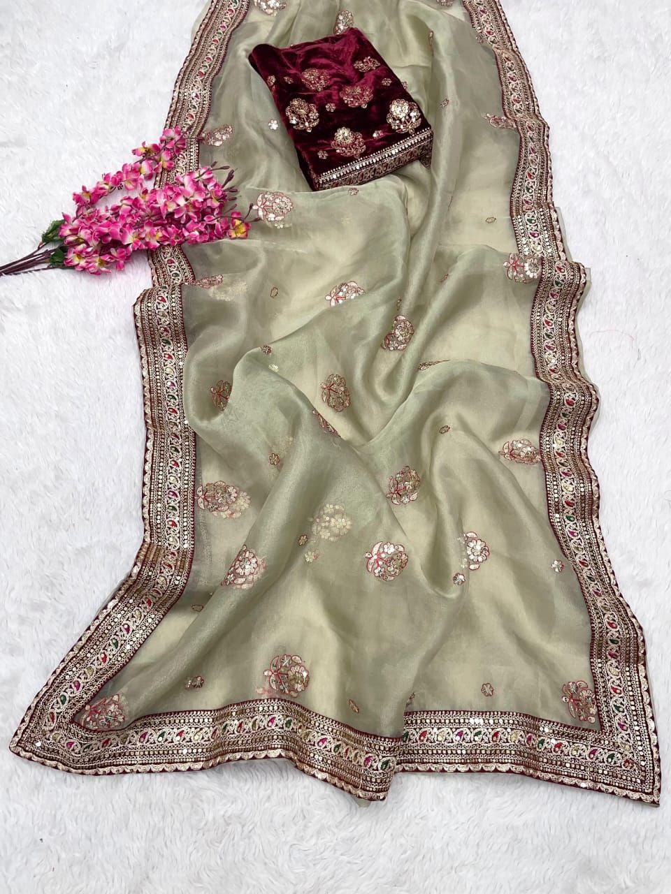 New Designer Soft Organza Silk Pista Saree