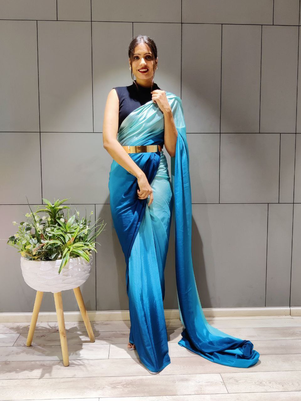 New One Minute Ready Wear Dual Blue Tone Georgette Saree
