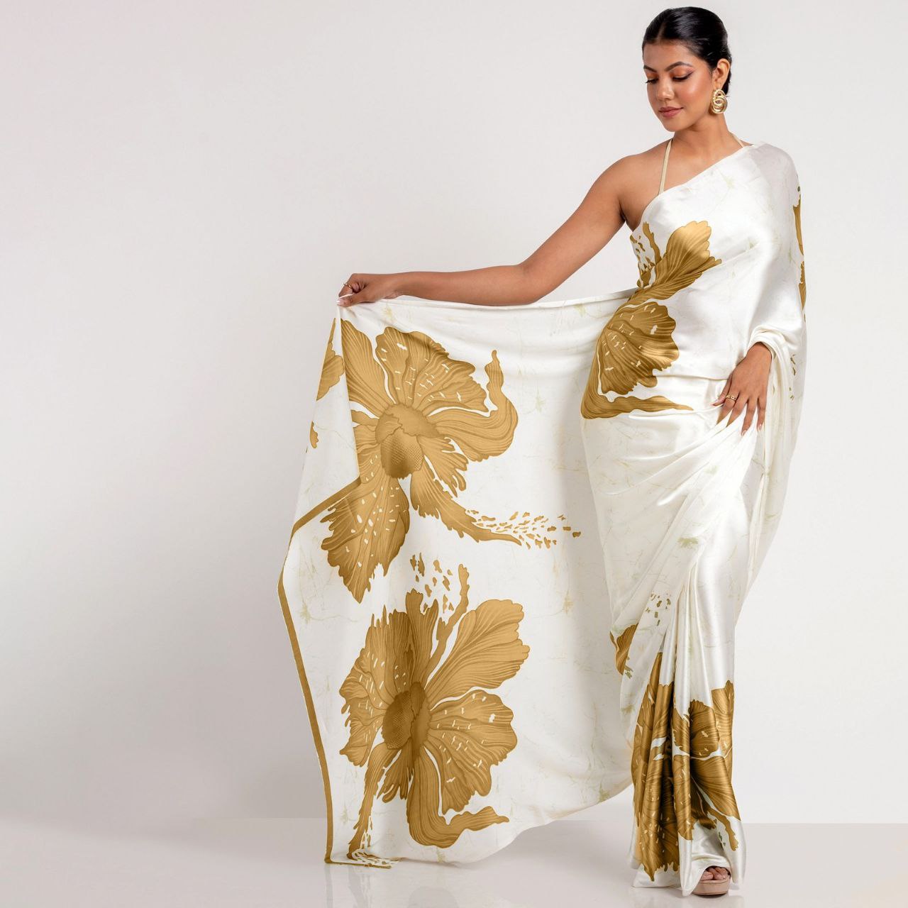 New Designer Original Japan Satin Devsena White Saree With Musturd Yellow Flower Digital Print