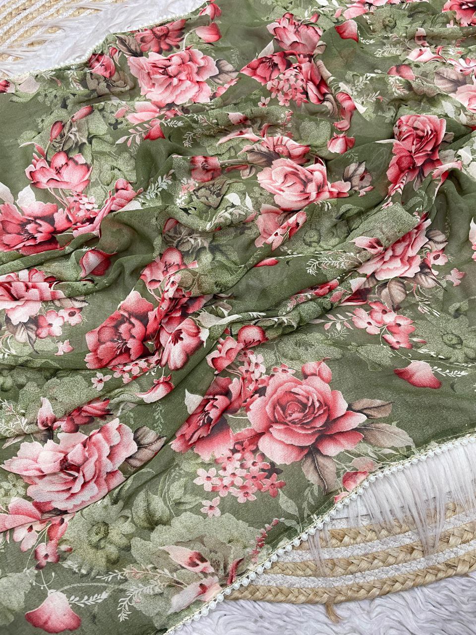 New Designer Digital Foral Printed Georgette Saree - Green