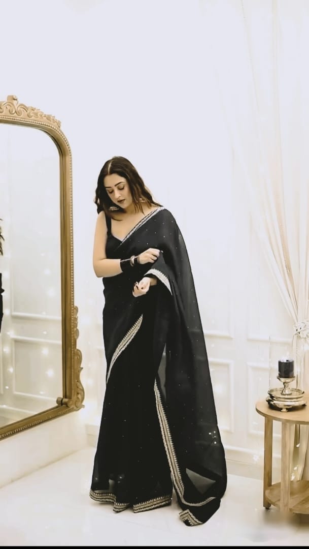 New One Minute Ready To Wear Pure Soft Organza Silk Black Saree With Beautiful Diamond Work All Over The Saree Handwork With Same Colour Stiched Blouse