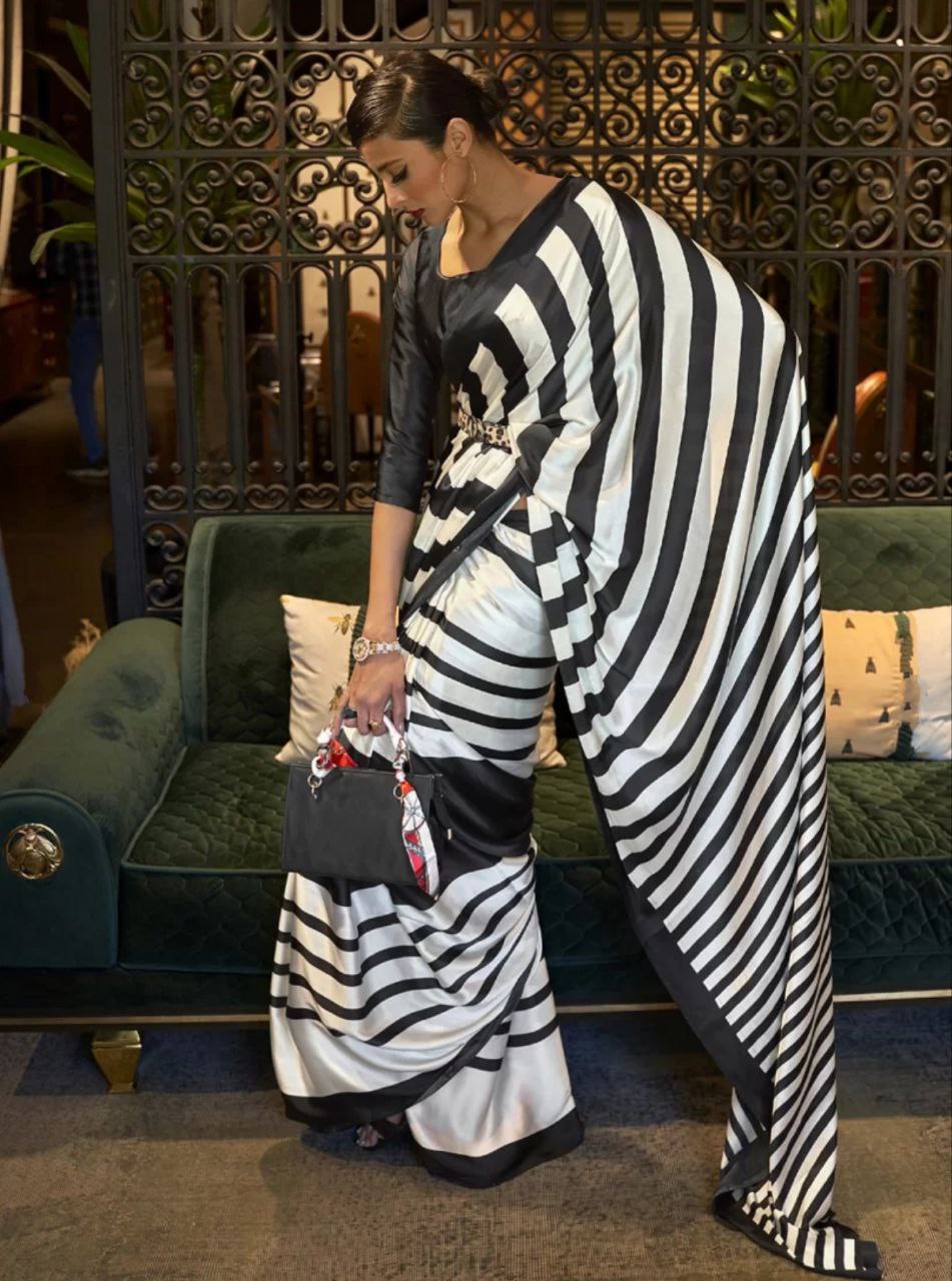 New Designer Party Wear Zebra Digital Printed Original Japan Satin Saree