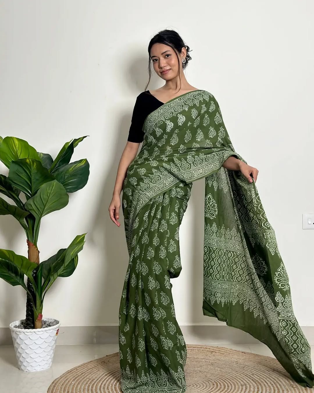 New One Minute Ready To Wear Pure Soft Mul Cotton Silk Olive Green Saree With Pocket