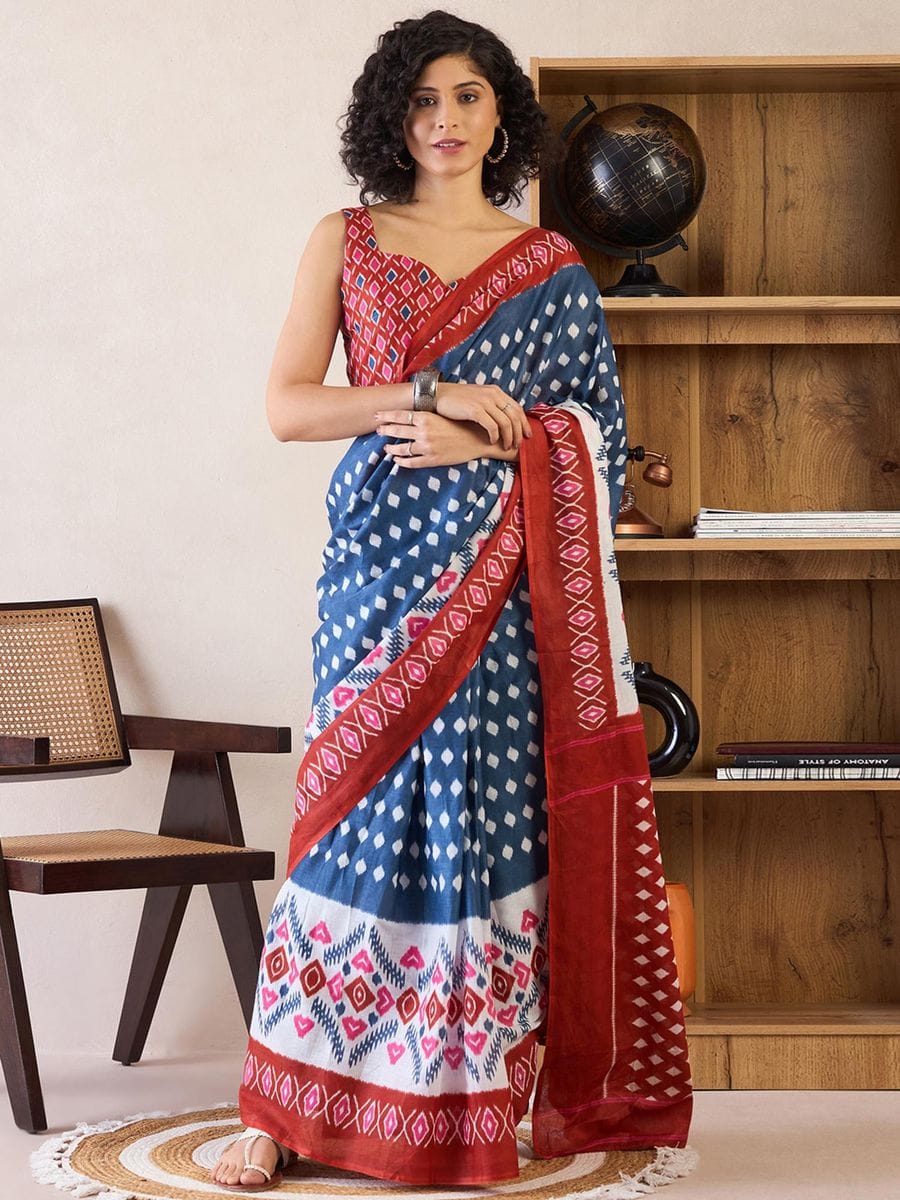New One Minute Ready To Wear Flower Designed Pure Soft Mul Cotton Silk Greyish Blue Saree With  Pocket Along With Same Model  Unstiched Blouse Piece