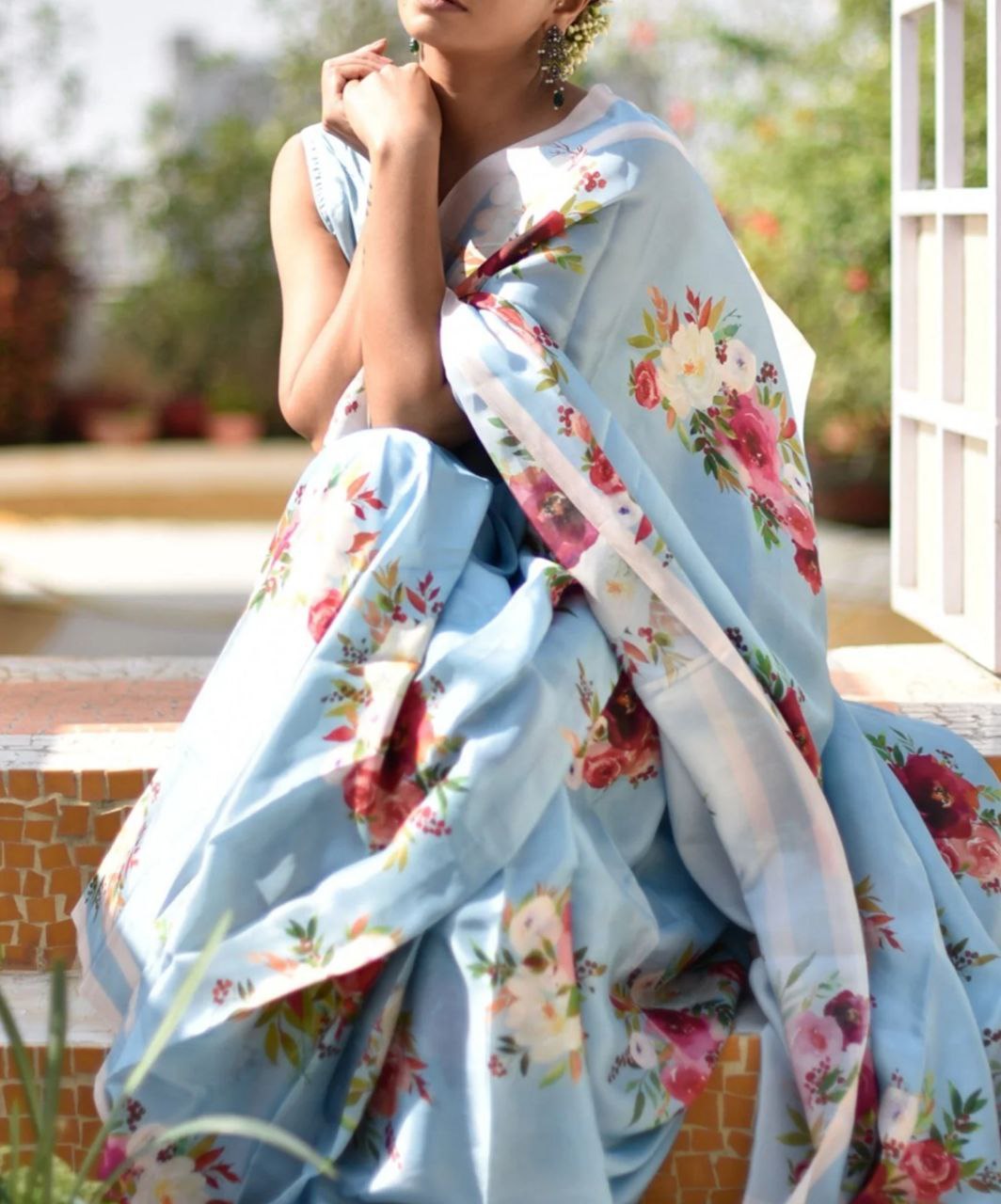 New Designer Original Japan Satin Flower Printed Sea Blue Saree With Digital Printed Unstiched Blouse Piece