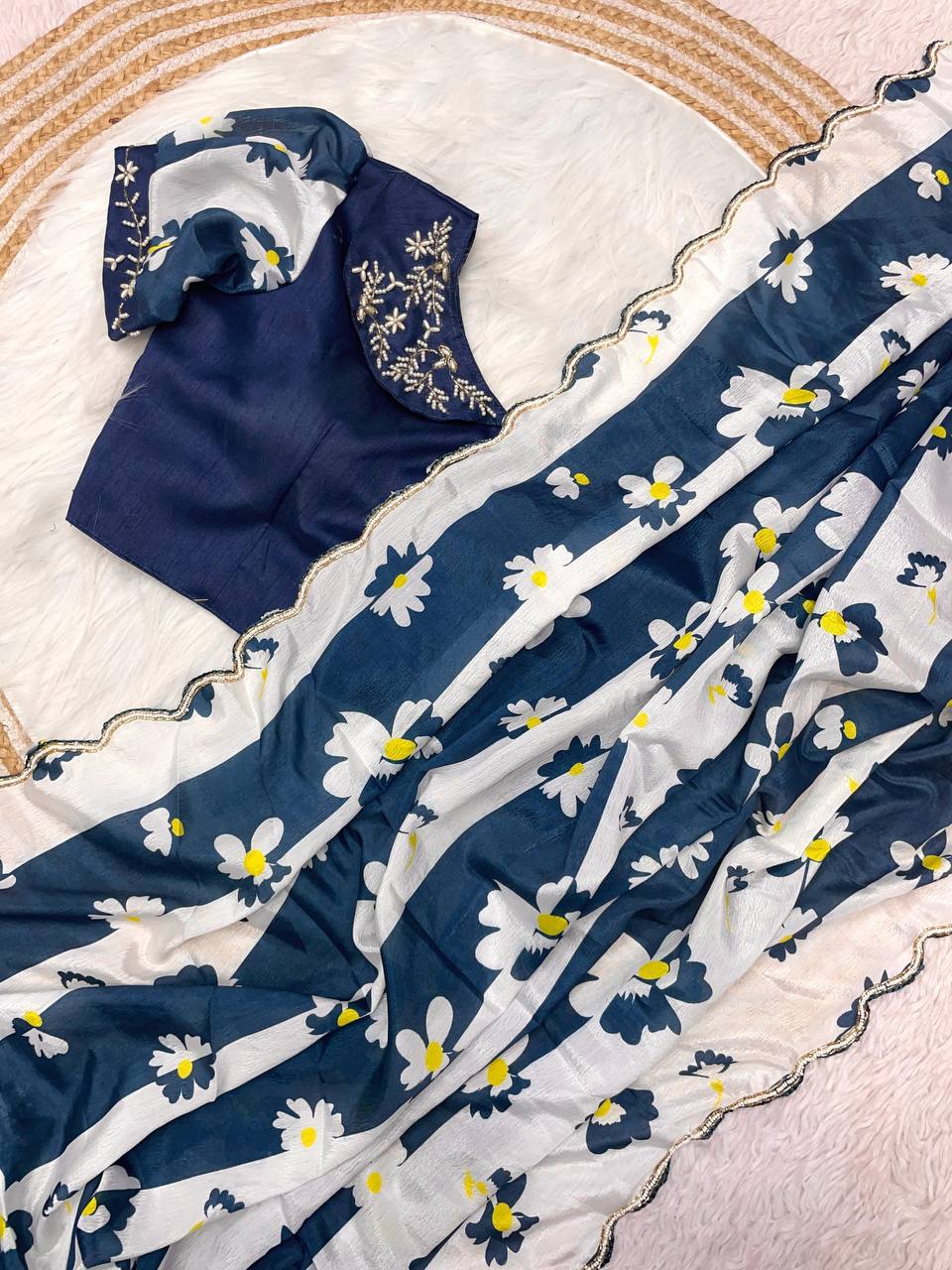 New Designer Digital Printed Chinnon Saree - Blue