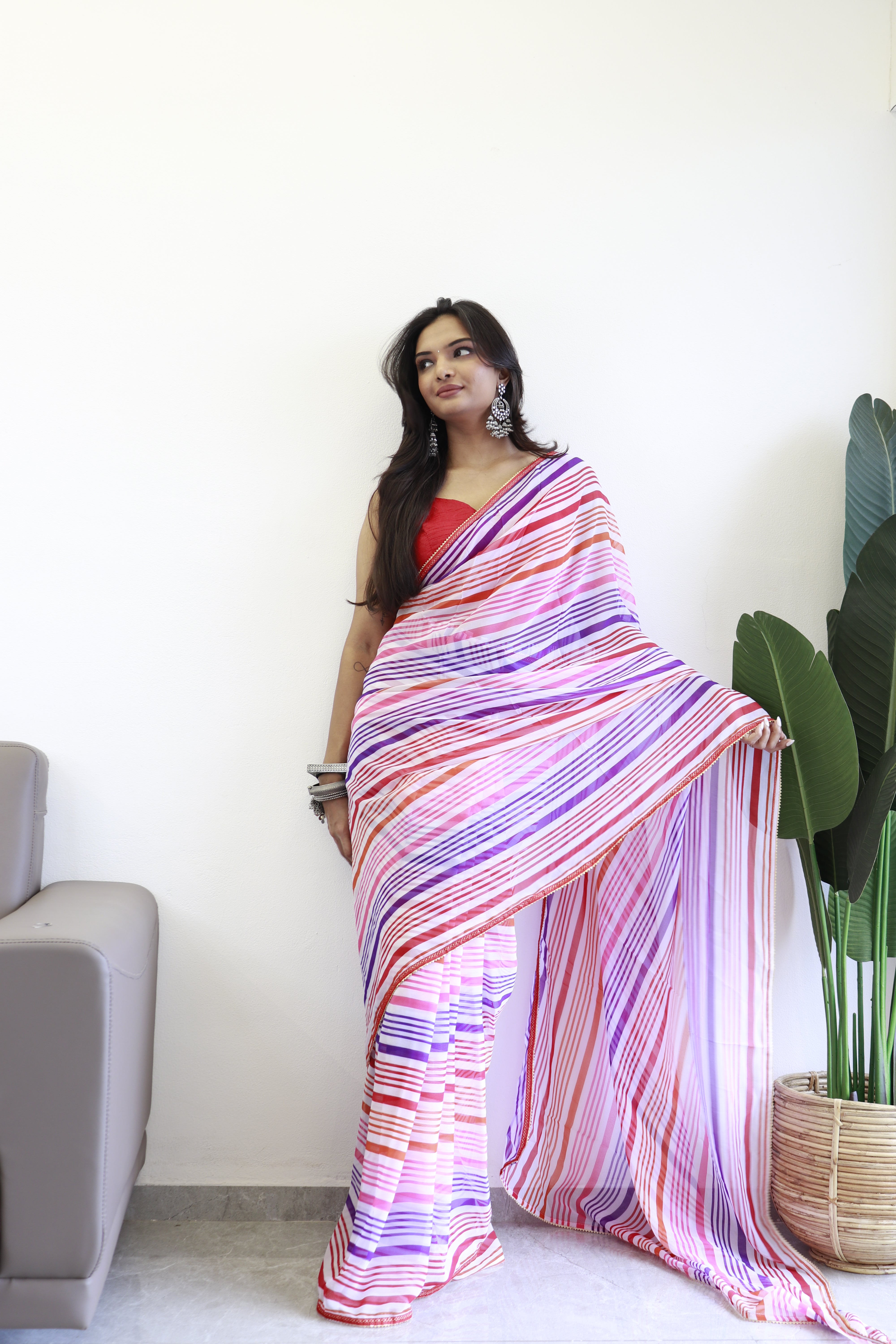 New One Minute Ready Wear Pink Multicolor Strip Saree