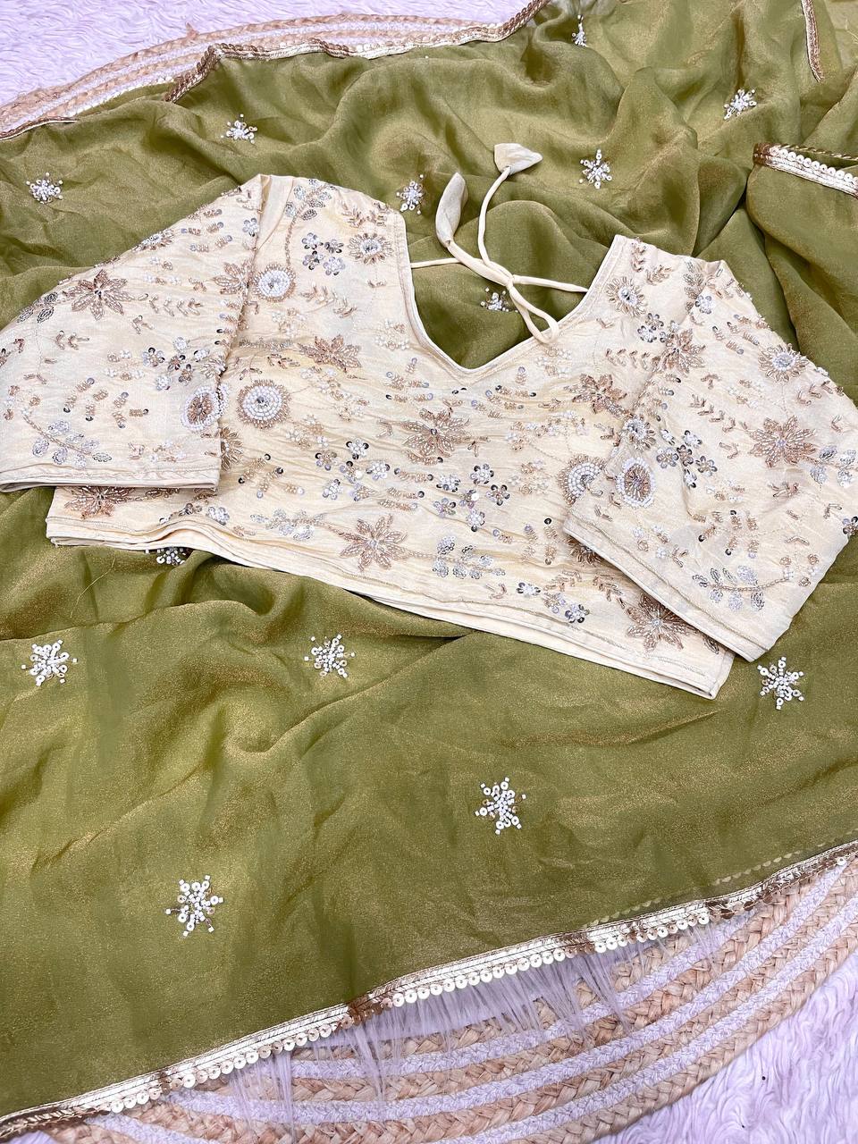 New Designer NC Moss Sattin Saree With All Over Birts Sequence Butti Work - Parrot Green