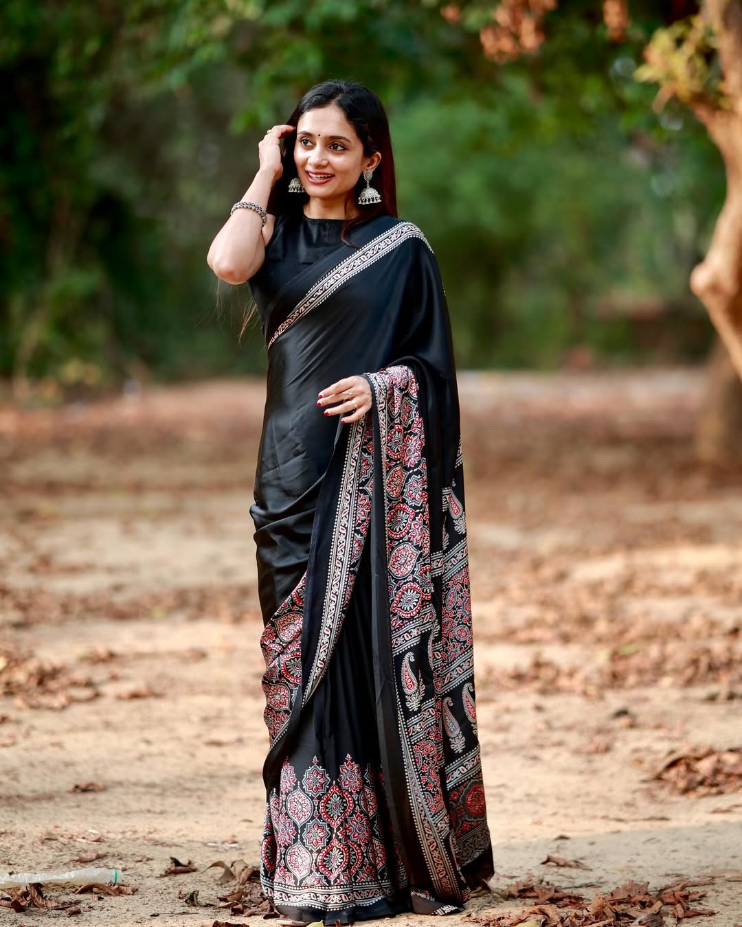 New One Minute Ready To Wear Digital Printed Crape Silk Black Saree