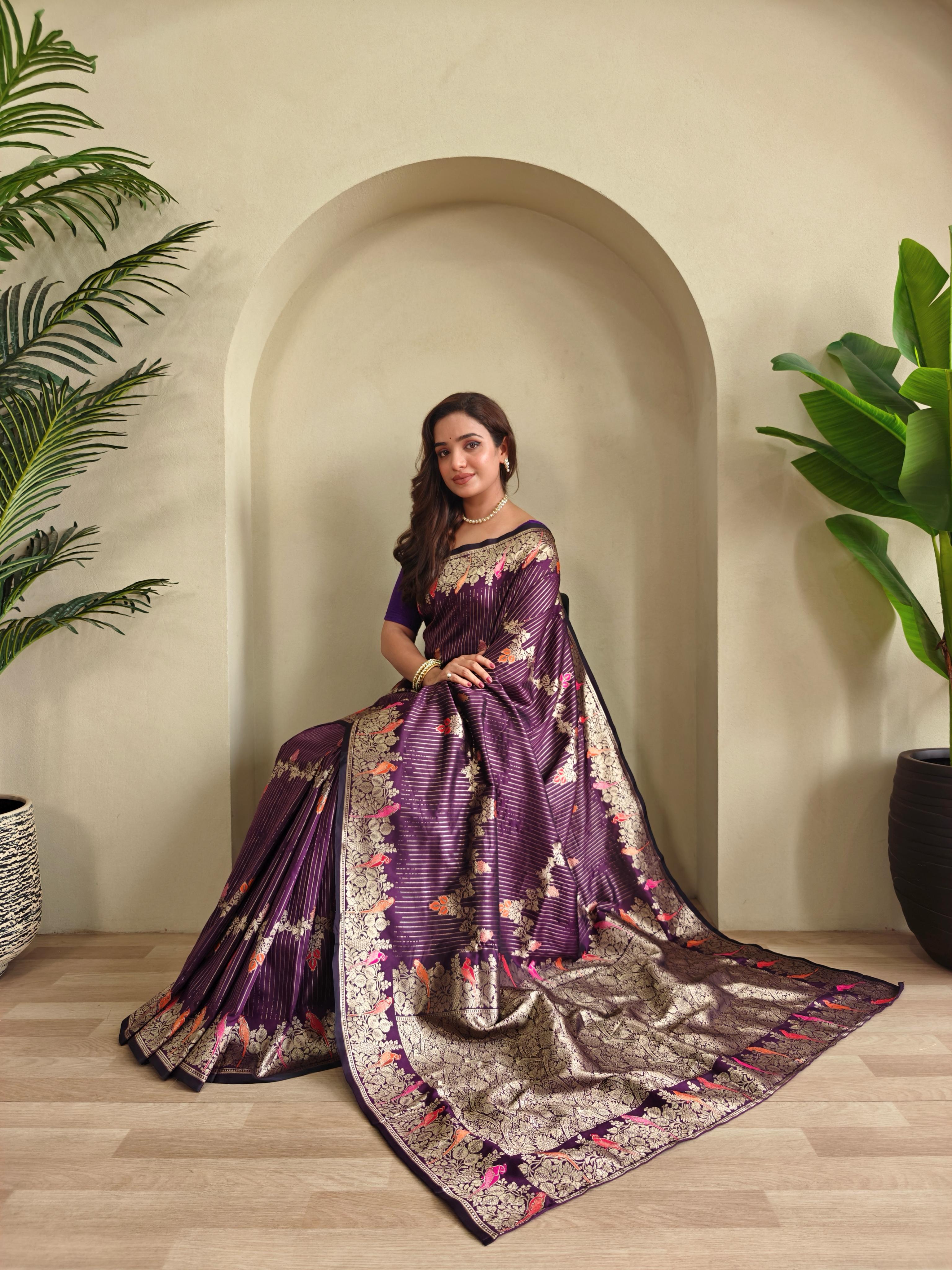 New Designer Banarasi Mushro Satin Silk Zari Weaved Dark Purple Saree With Unstiched Blouse Piece