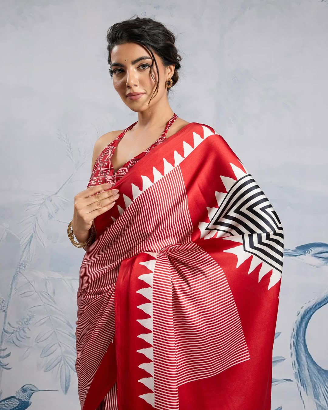 New One Minute Ready To Wear Digital Printed Crape Silk Red Saree