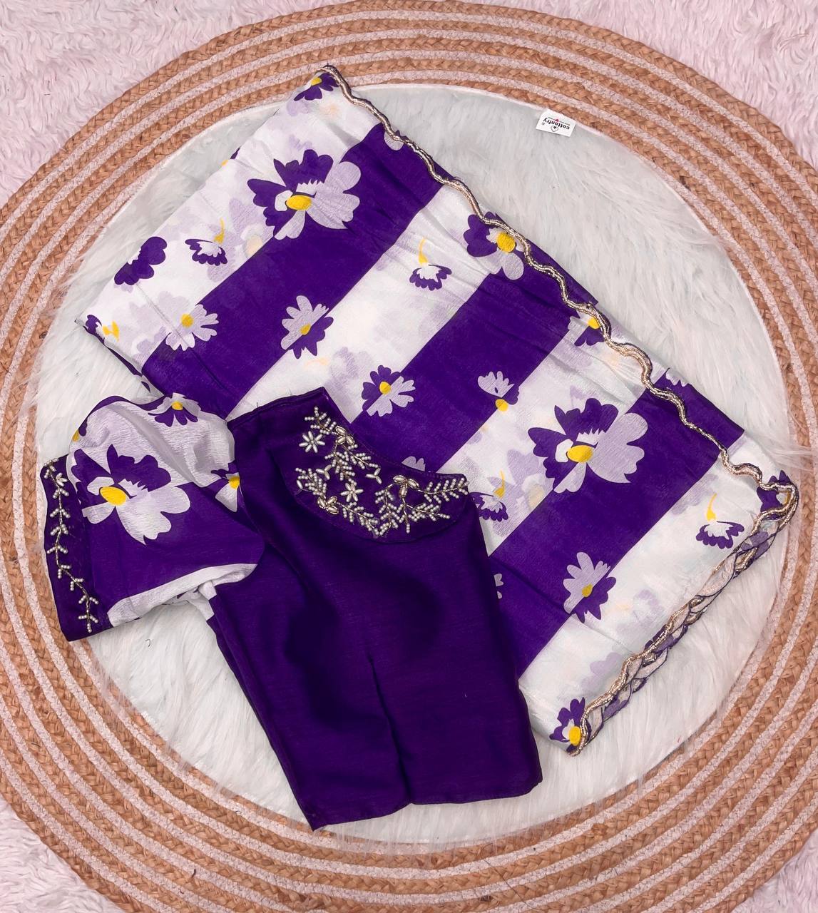 New Designer Digital Printed Chinnon Saree - Purple