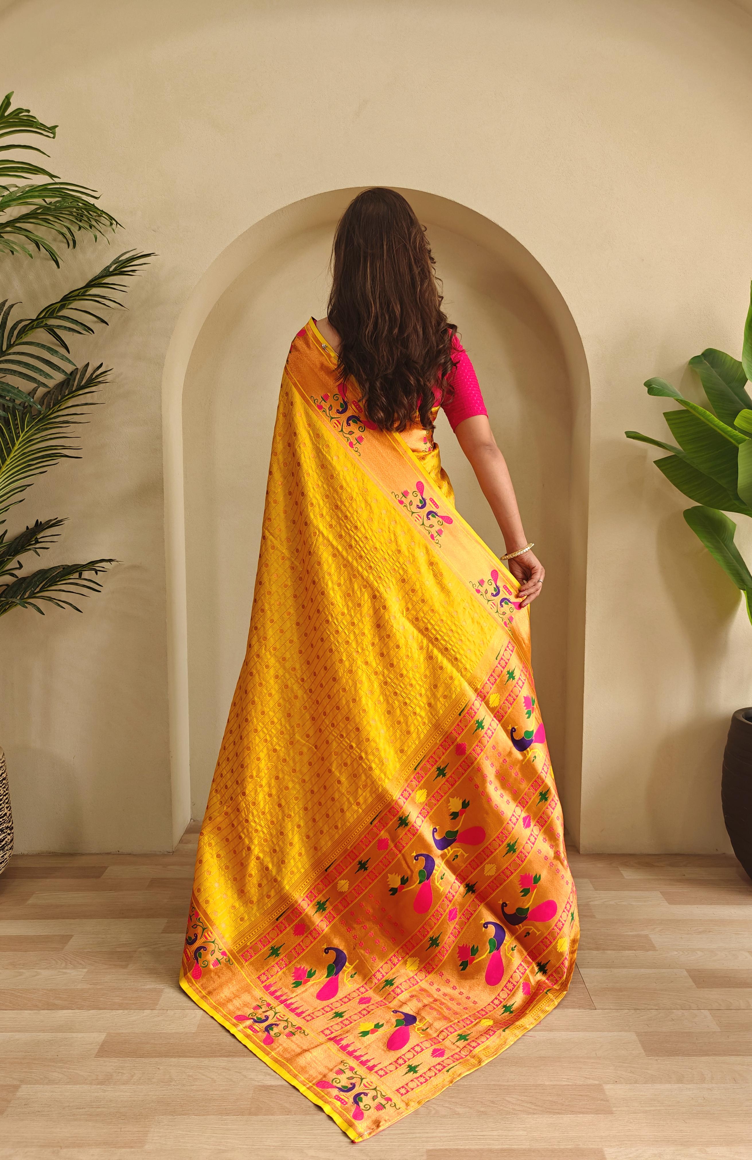 New Designer Premium Paithani Yellow Saree With Rich Weaved Paithani Pallu Along With All Over Polka Design With Contrast Unstiched Blouse Piece