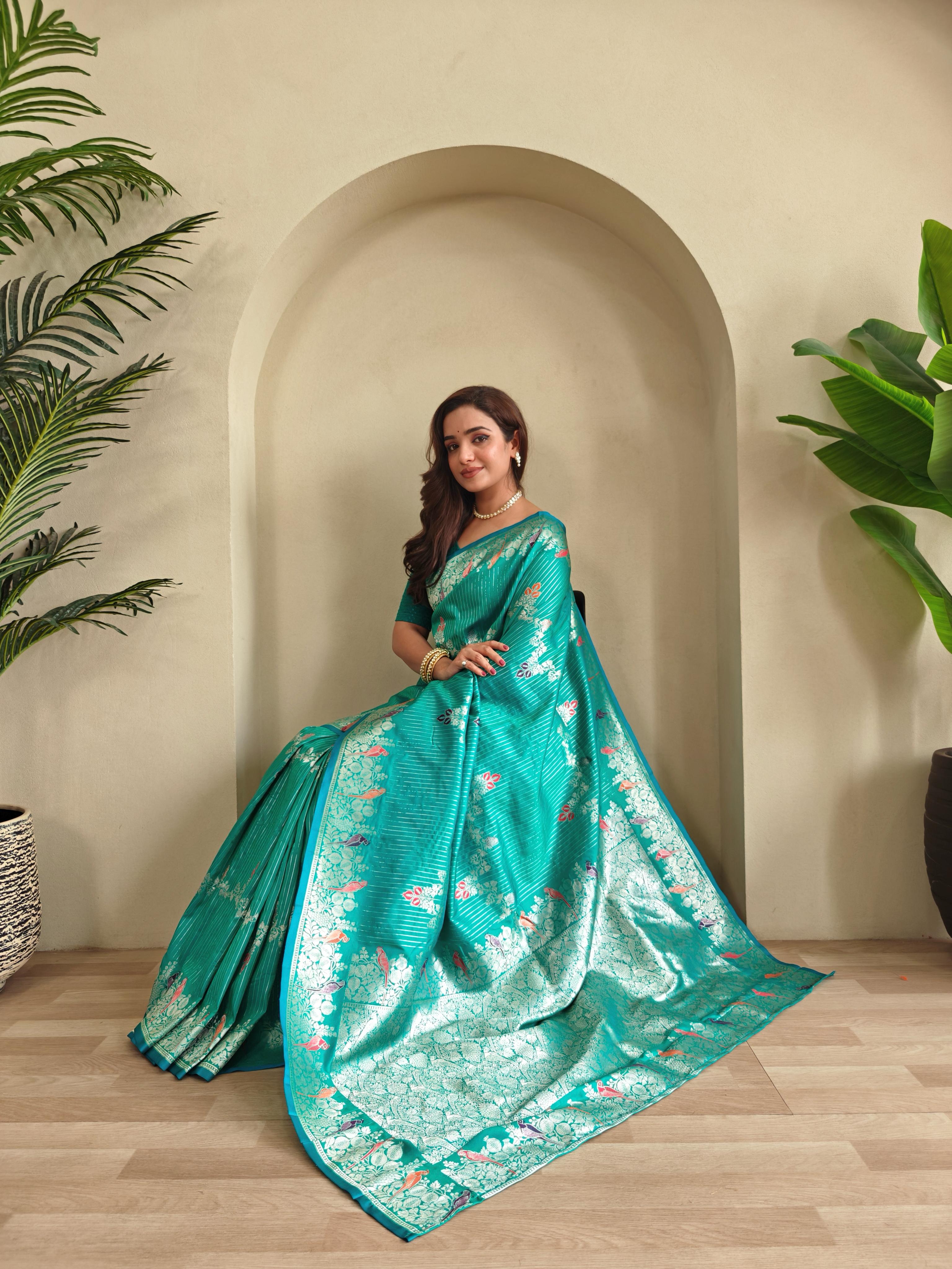 New Designer Banarasi Mushro Satin Silk Zari Weaved Teal Blue Saree With Unstiched Blouse Piece