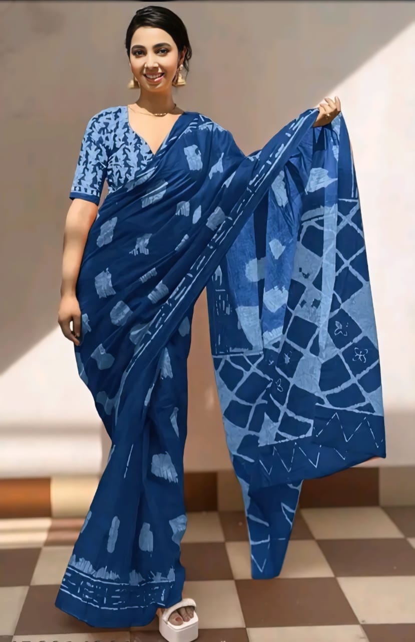 New One Minute Ready To Wear  Pure Soft Mul Cotton Silk Blue Saree With  Pocket Along With Running Unstiched Blouse Piece