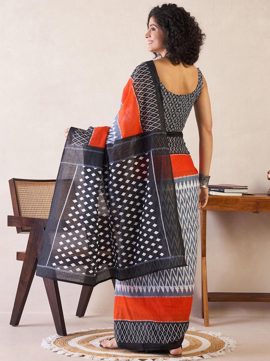 New One Minute Ready To Wear  Pure Soft Mul Cotton Silk zigzag Design Orange Bordered Black Saree With Pocket Along With Same Model Digital printed Unstiched Blouse Piece