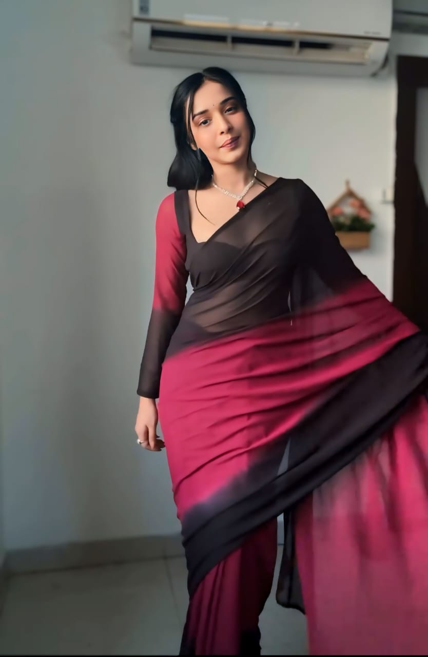 New One Minute Ready Wear Black & Red Dual Tone Georgette Saree
