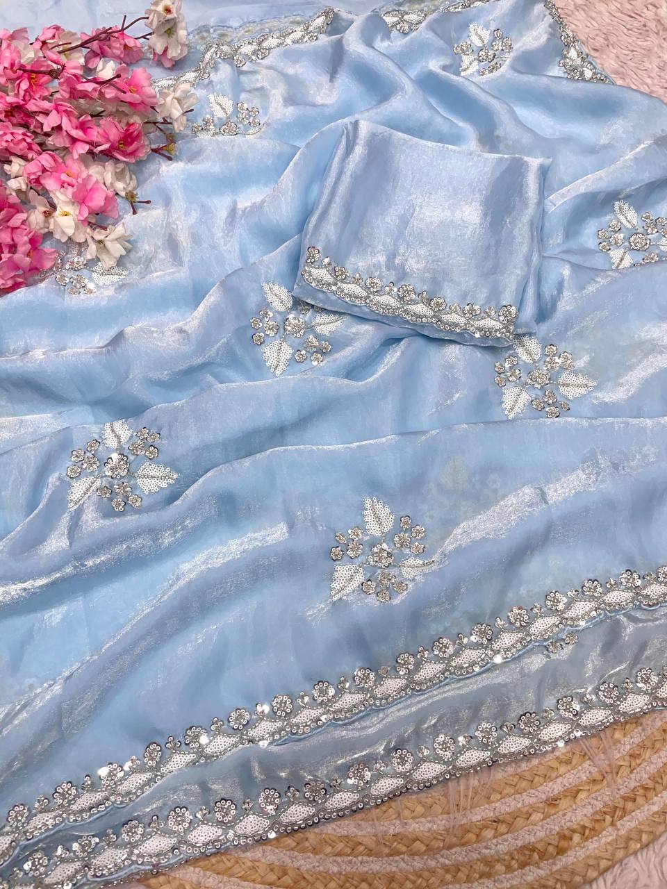 New Designer Fandy Sattin Saree With Brits Work - Pastel Blue