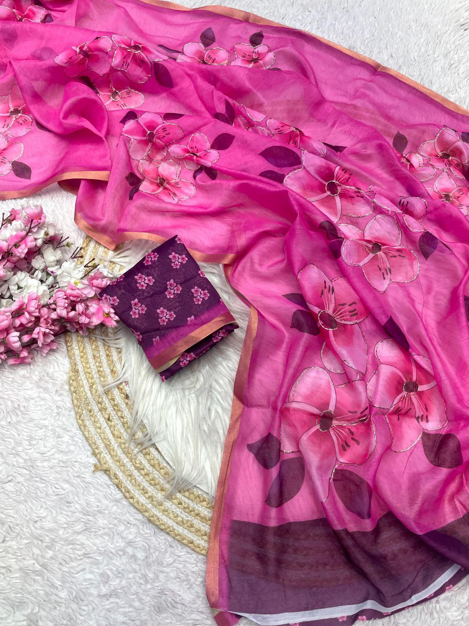 New Designer Digital Printed Chanderi Cotton Saree - Pink