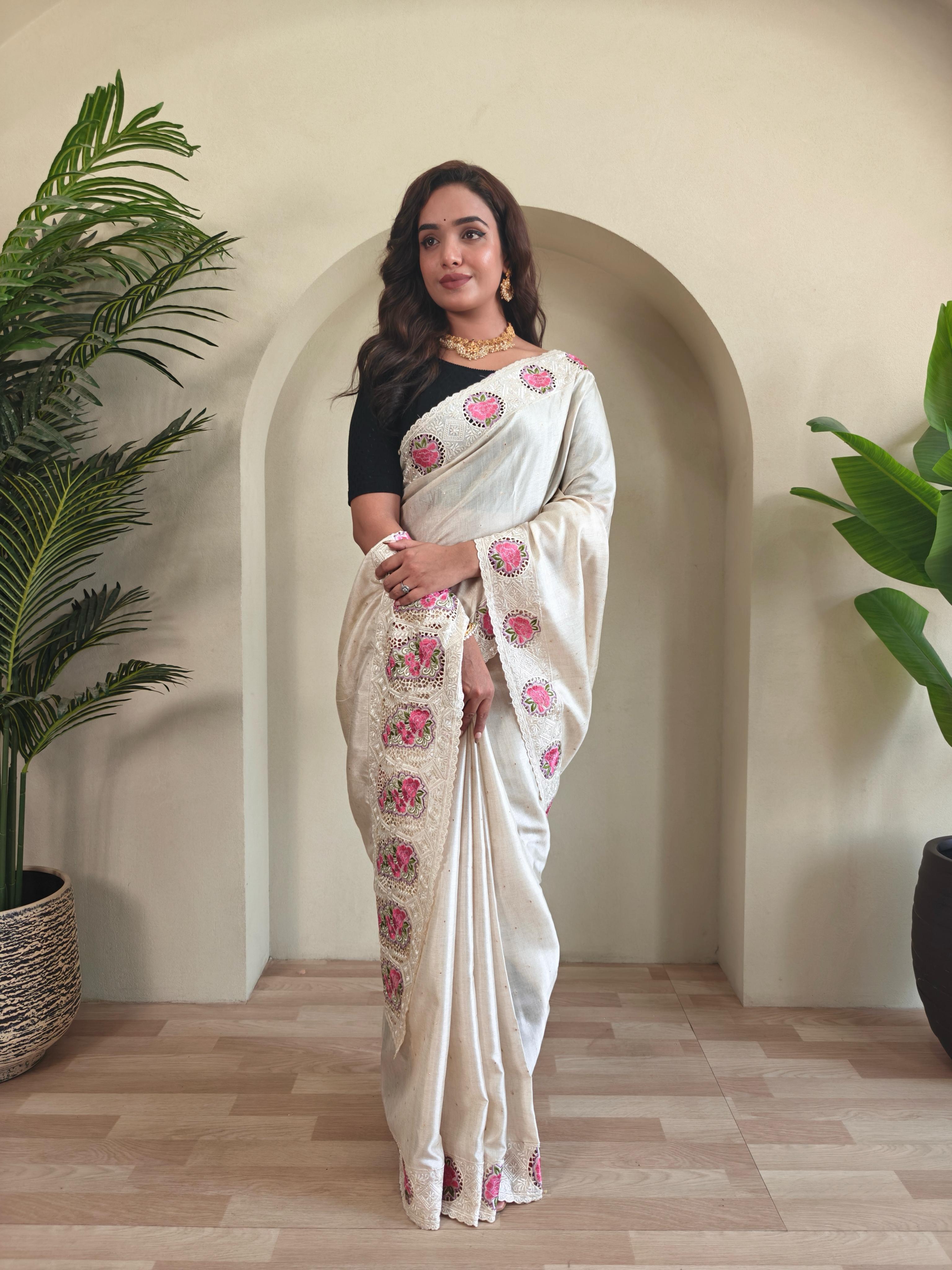 New Designer Soft Tussur Silk off White Saree With Super Fine Embroidered Pattern With Running Unstiched Blouse Piece