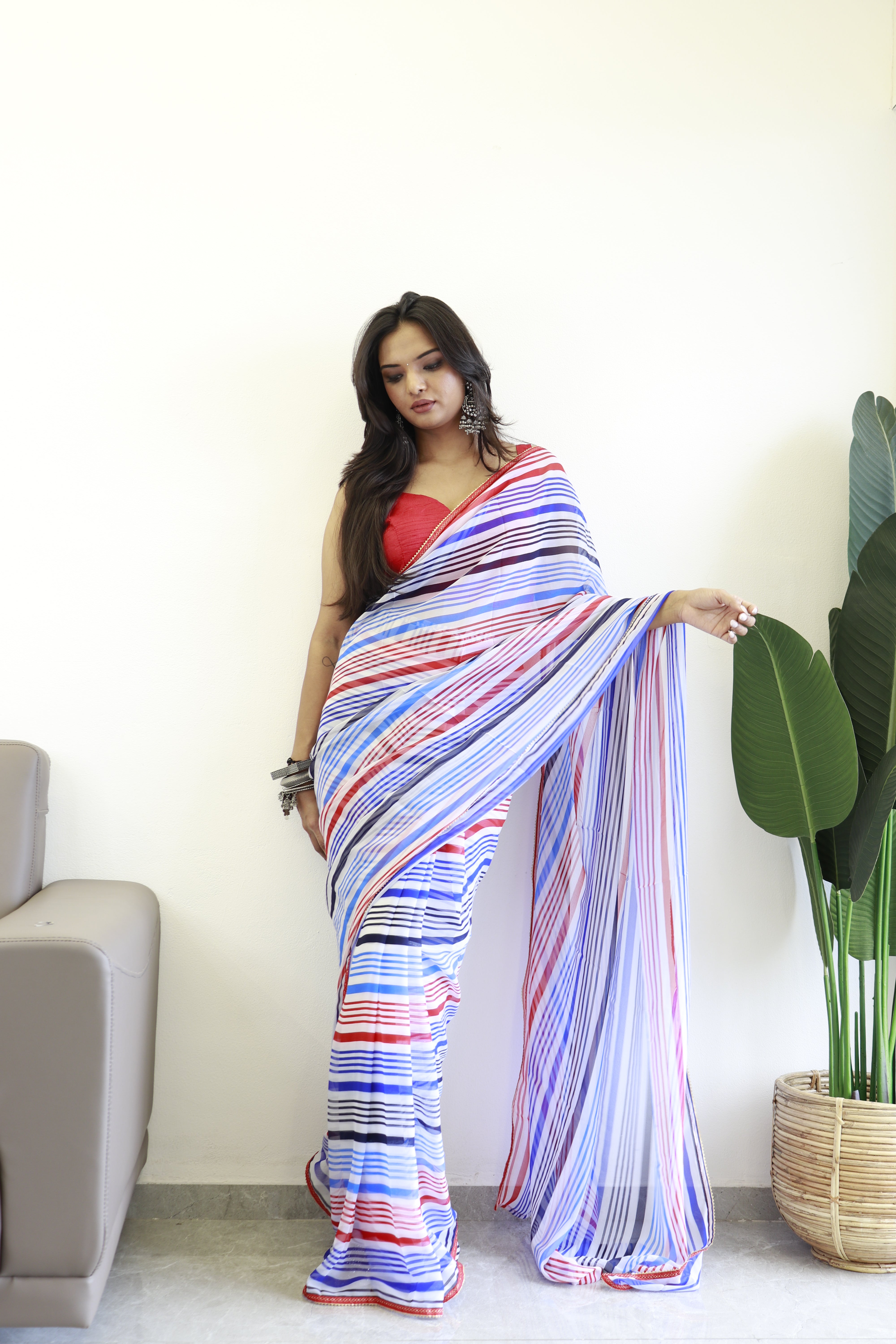 New One Minute Ready Wear Blue Multicolor Strip Saree