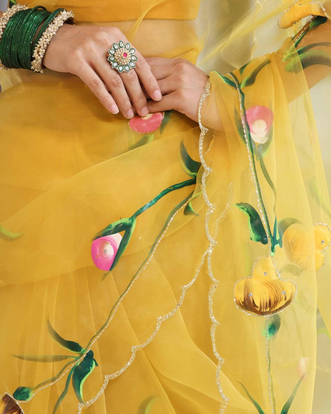 New One Minute Ready To Wear Soft Organza Silk Yellow Saree with Beautiful Hand Worked Moti  And Val Work With Unstiched Blouse Piece