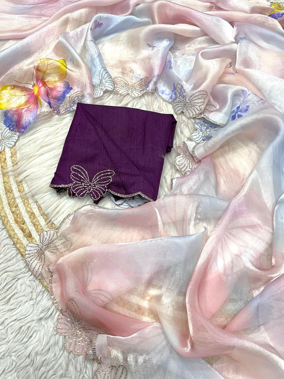 New Designer Digital Printed Fandy Sattin Saree With Jarkhan And Siroski Work