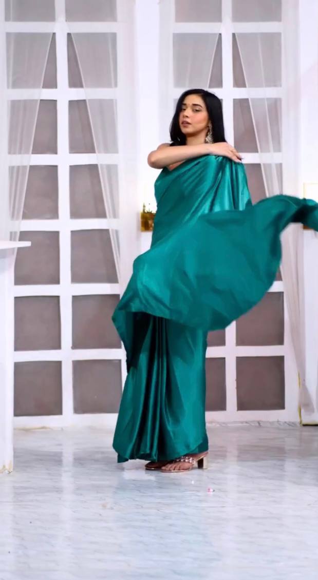 New One Minute Ready Wear Teal Green Satin Saree