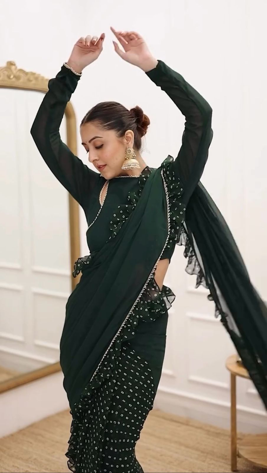 New One Minute Ready To Wear Faux Georgette Silk Saree With Ruffle And Digital Print Design With Same Model  Unstiched Blouse Piece