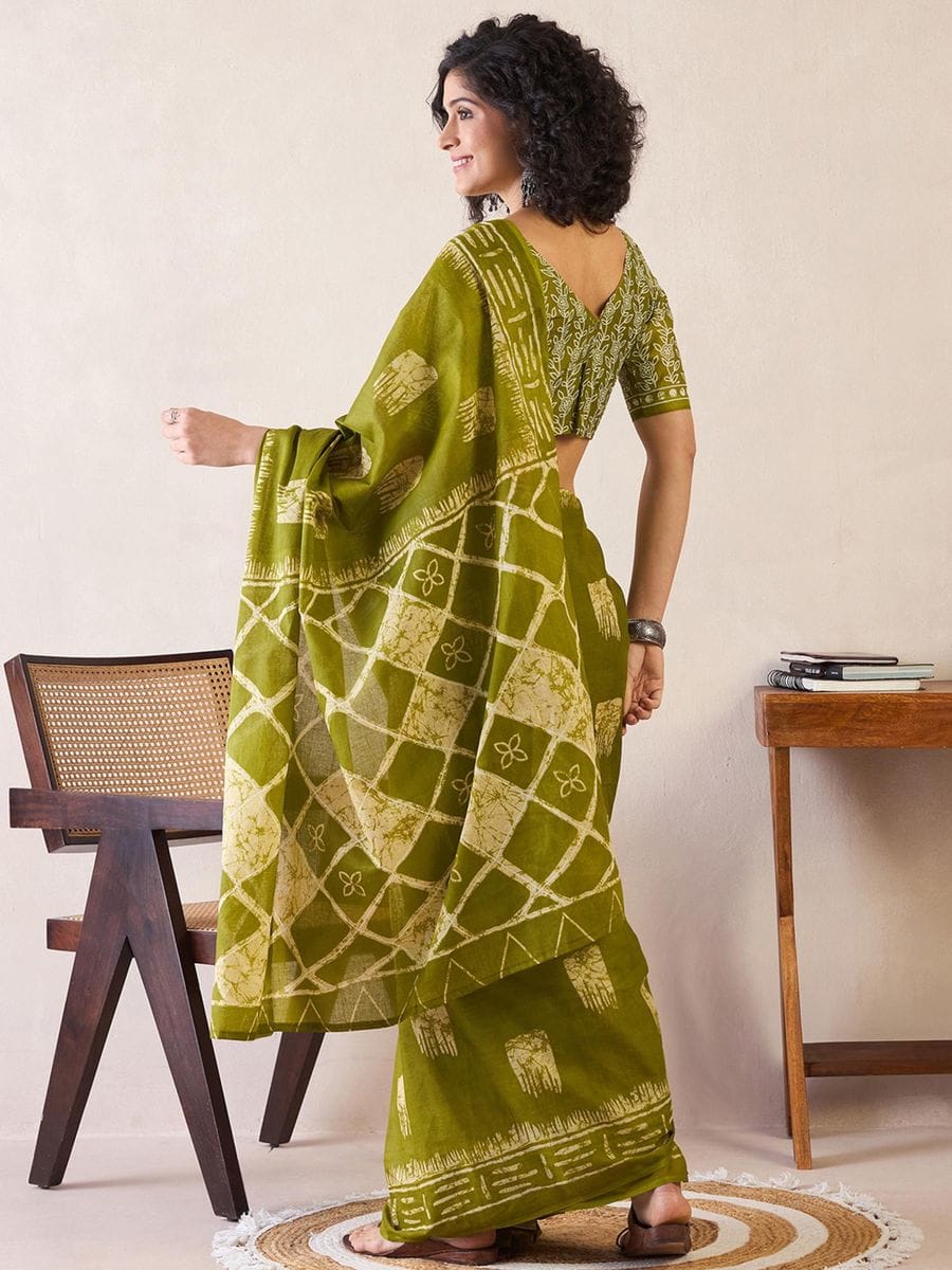 New One Minute Ready To Wear  Pure Soft Mul Cotton Silk Parrot Green Saree With  Pocket Along With Running Unstiched Blouse Piece