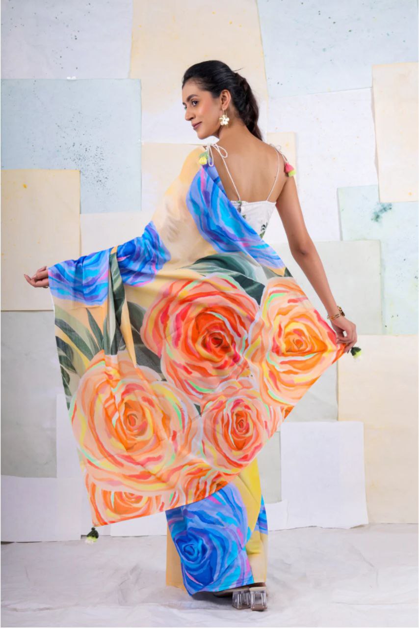 New Designer Original Japan Satin Rose Flower Printed Blue Saree With Digital Printed Unstiched Blouse Piece
