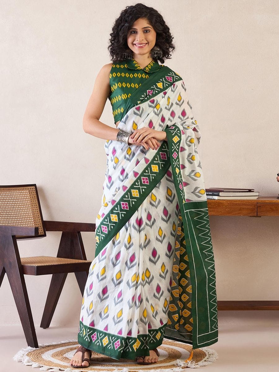 New One Minute Ready To Wear Pure Soft Mul Cotton Silk Green Bodered White Saree With  Pocket Along With Same Model  Unstiched Blouse Piece