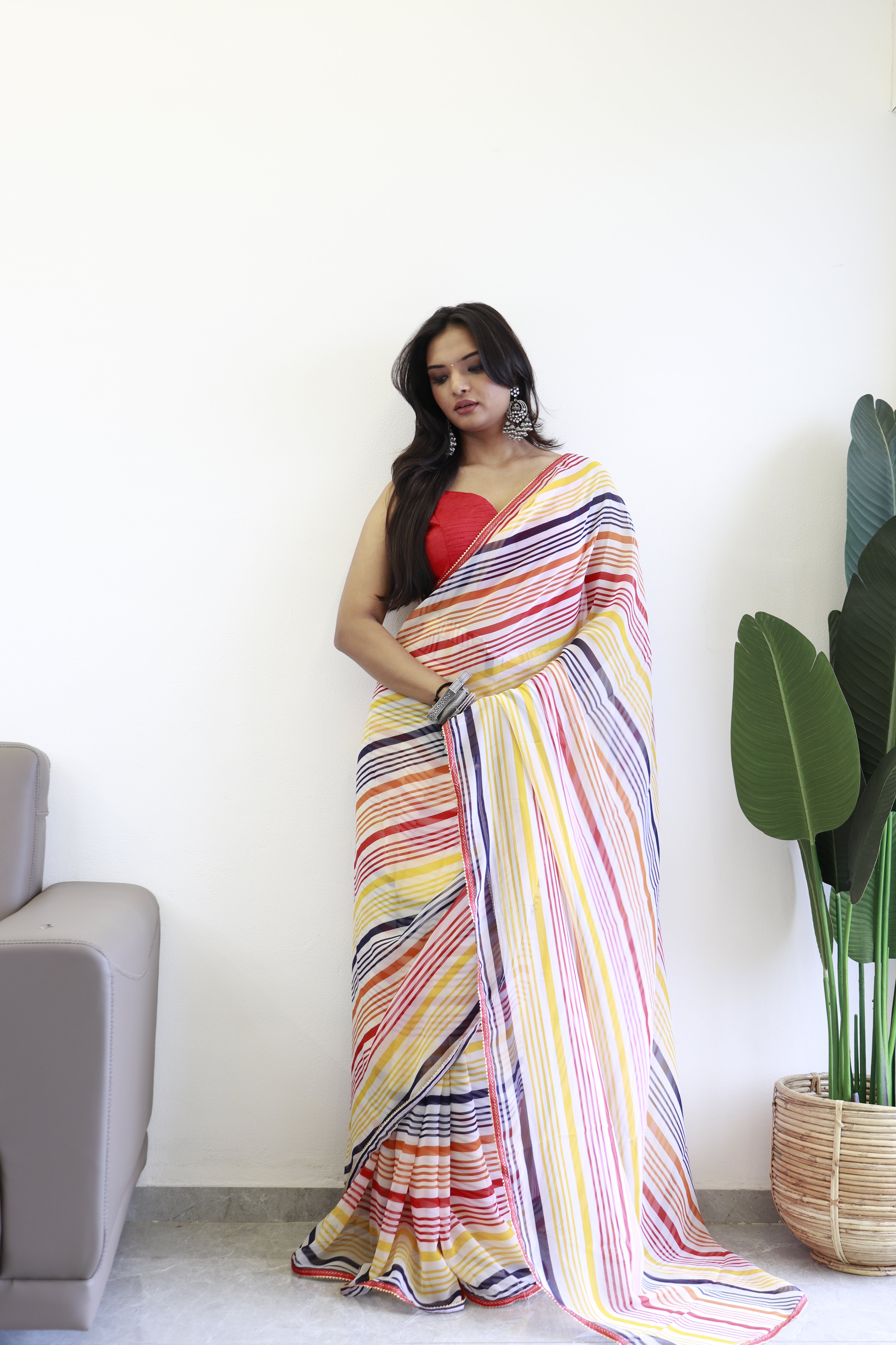 New One Minute Ready Wear Yellow Multicolor Strip Saree