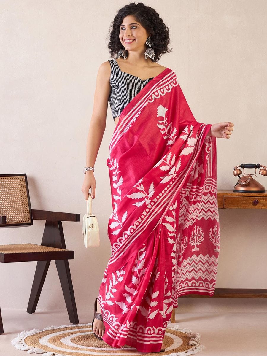 New One Minute Ready To Wear  Pure Soft Mul Cotton Silk Rani Pink Saree With  Pocket Along With Running Unstiched Blouse Piece