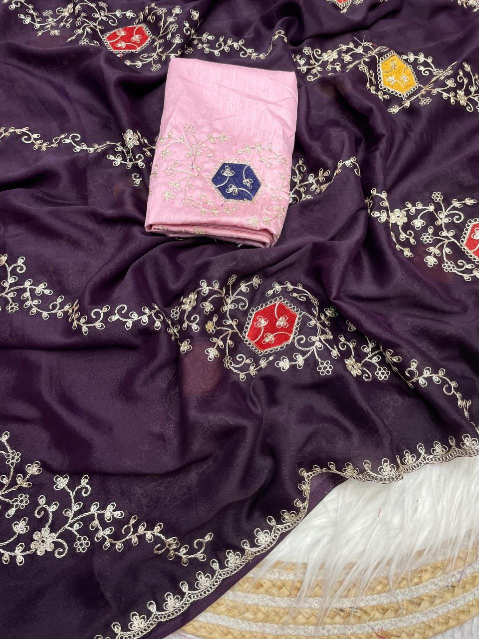 New Designer Blooming Chocolate Silk Saree - Wine