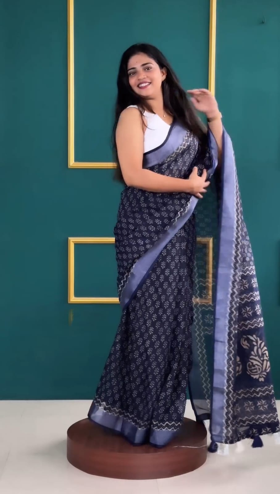 New One Minute Ready To Wear Digital Flower Printed Pure Soft Linen Silk Blue Saree With Running Unstiched Blouse Piece