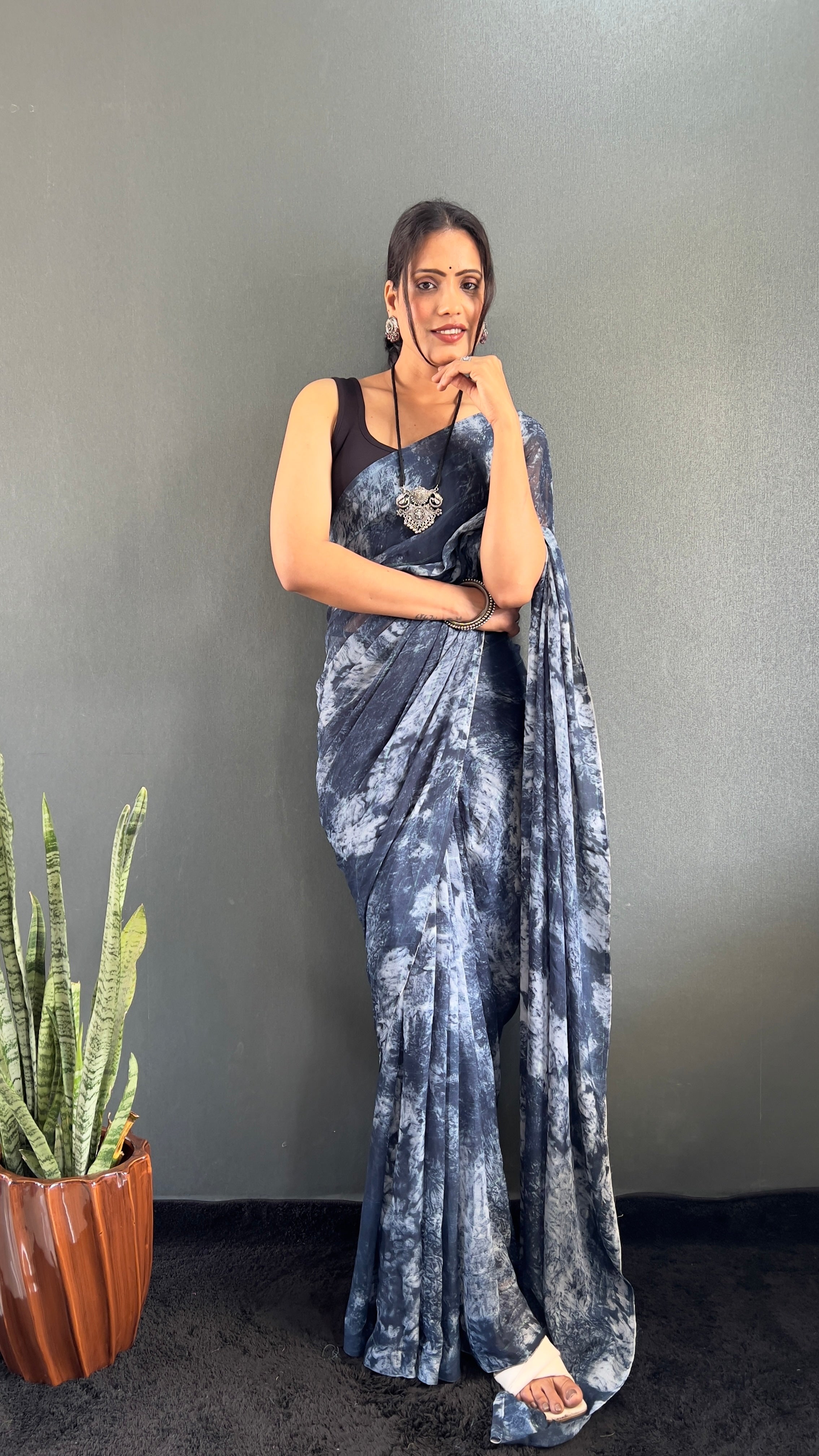 Adita One Minute Ready To Wear Navy Blue Saree With Unstiched Blouse