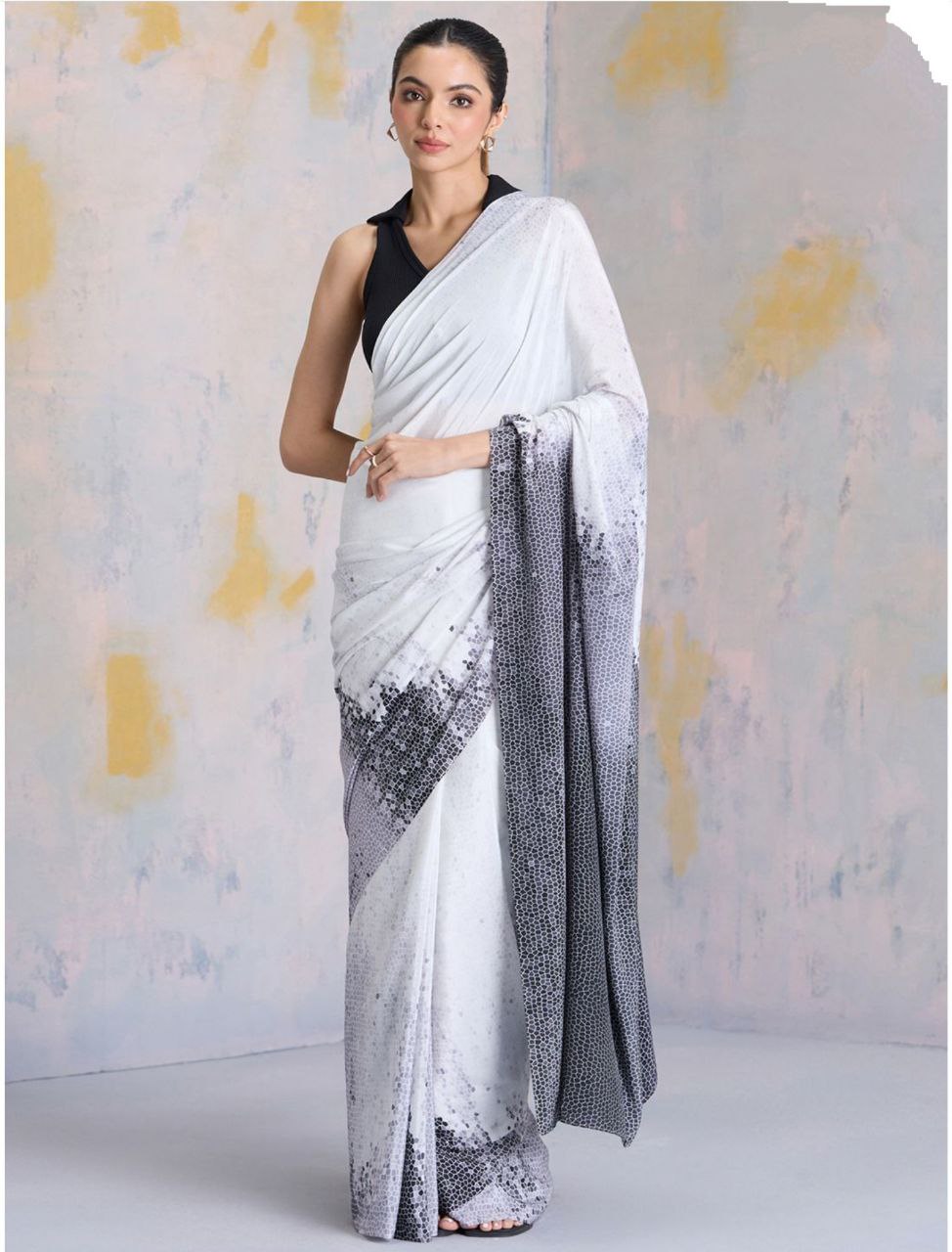 New Designer Premium Party Wear Digital Printed White-Grey Saree
