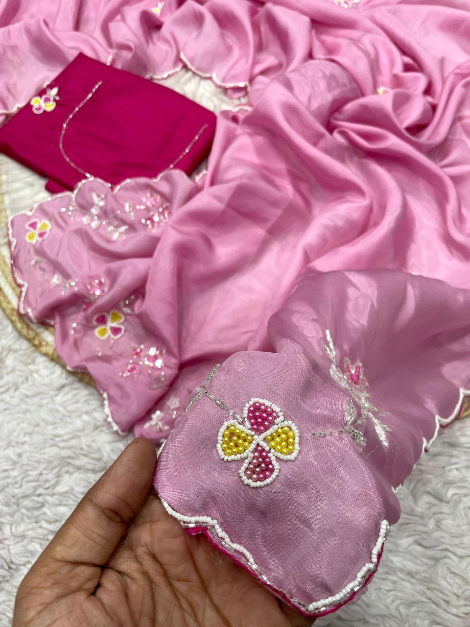 New Designer HO Silk Saree With Arco Border Cutdana Hand Work - Pink