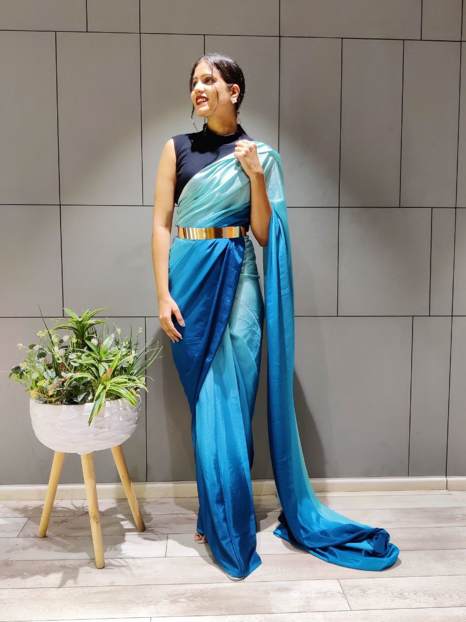 New One Minute Ready Wear Dual Blue Tone Georgette Saree