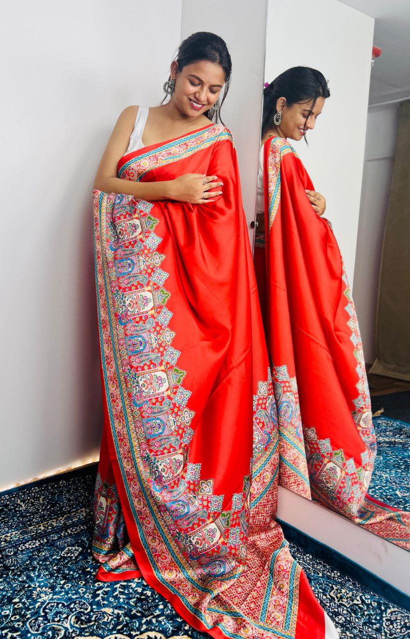 New Designer Premium Ajrakh Printed Red Satin Saree