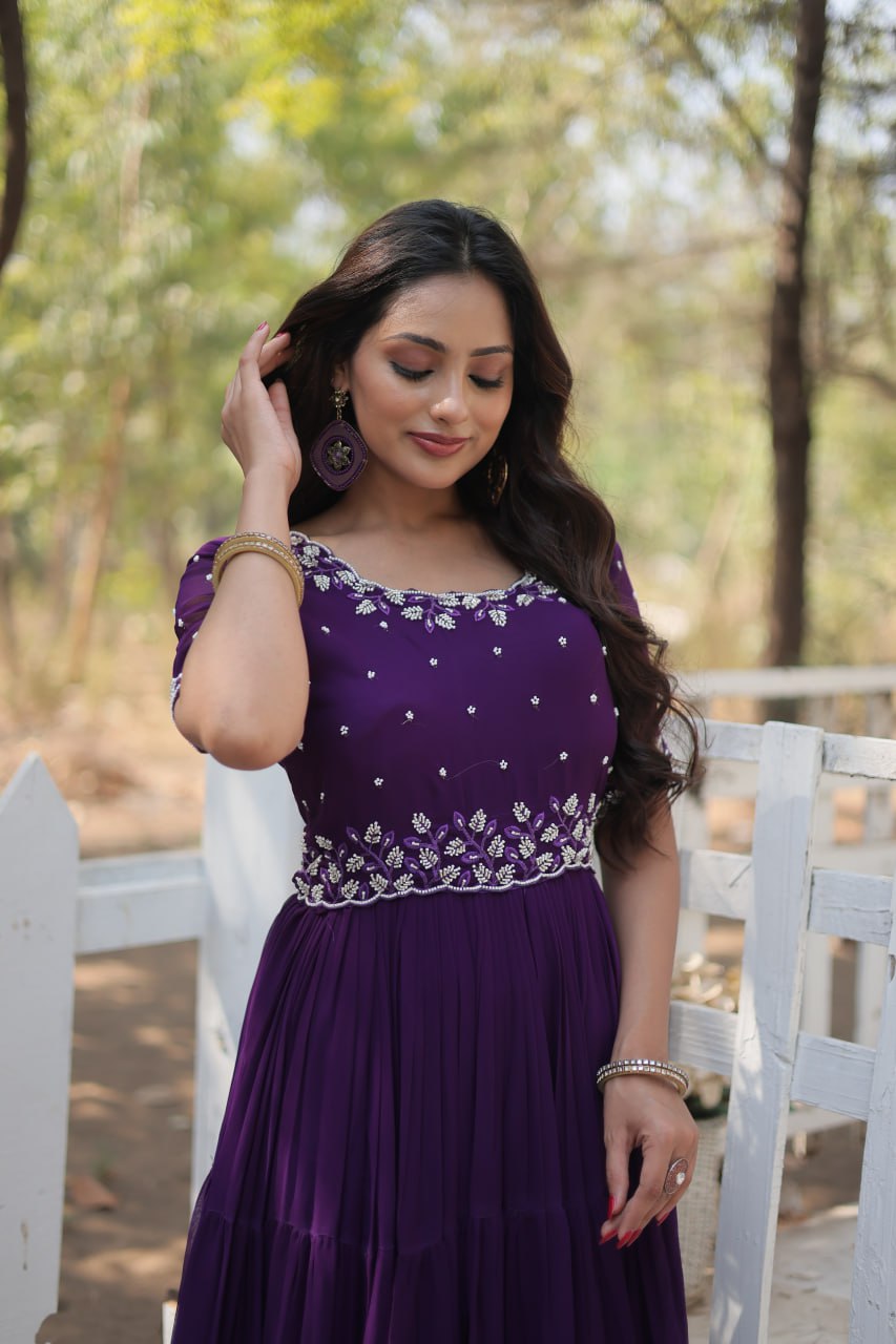 PREMIUM DESIGNER READYMADE GOWN WITH BEADS EMBROIDERY WORK - PURPLE