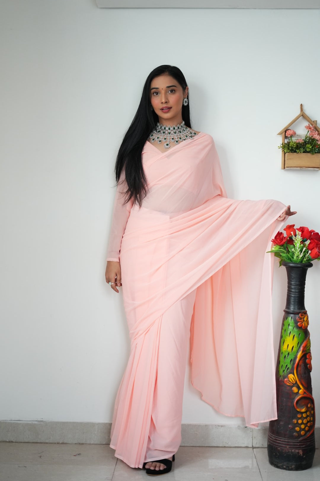 New One Minute Ready Wear Pastel Orange Georgette Saree