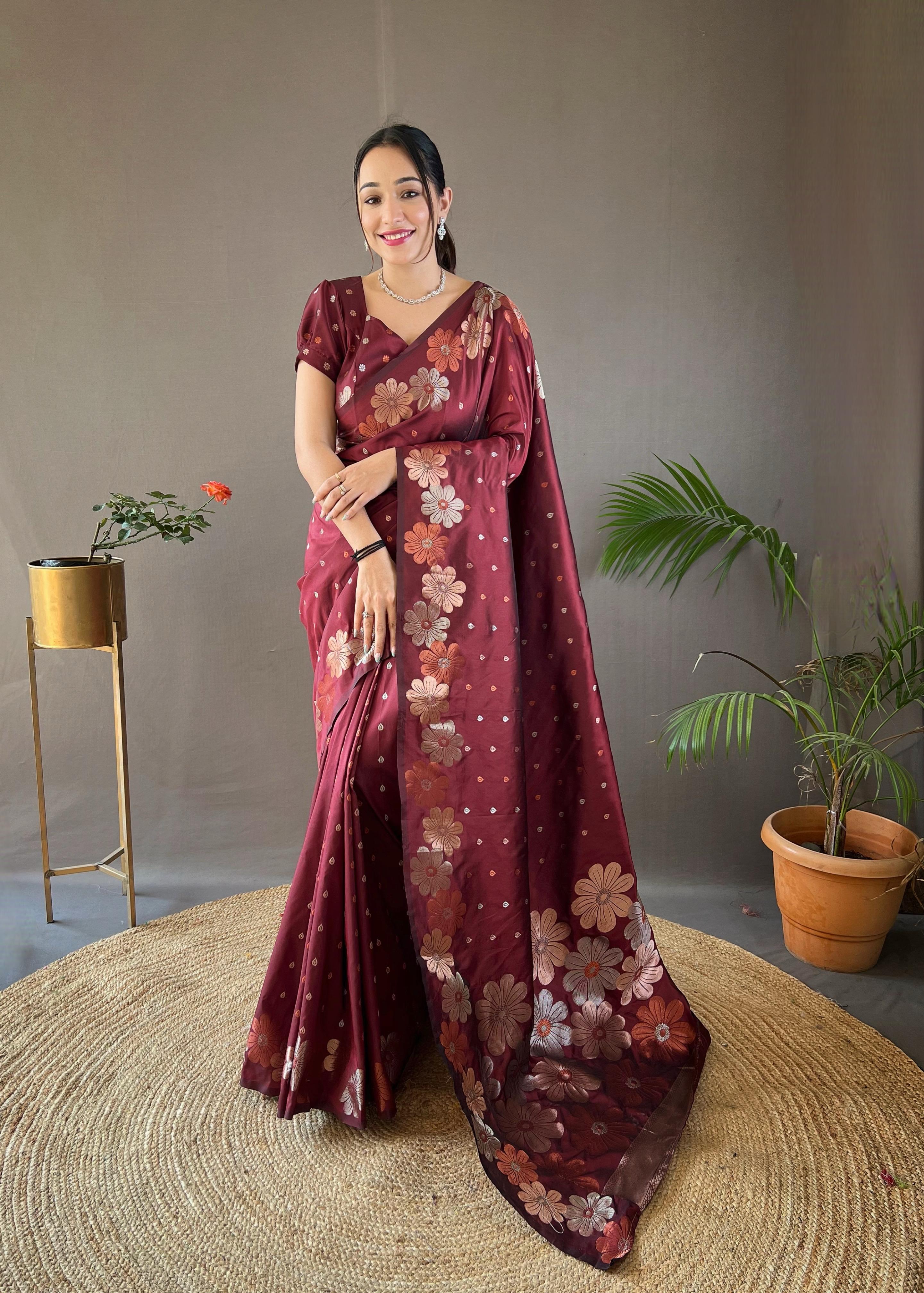 New Designer Pure Soft Silk Maroon Red Saree With Copper and Gold Weaving All Over Saree With Running Unstiched Blouse Piece